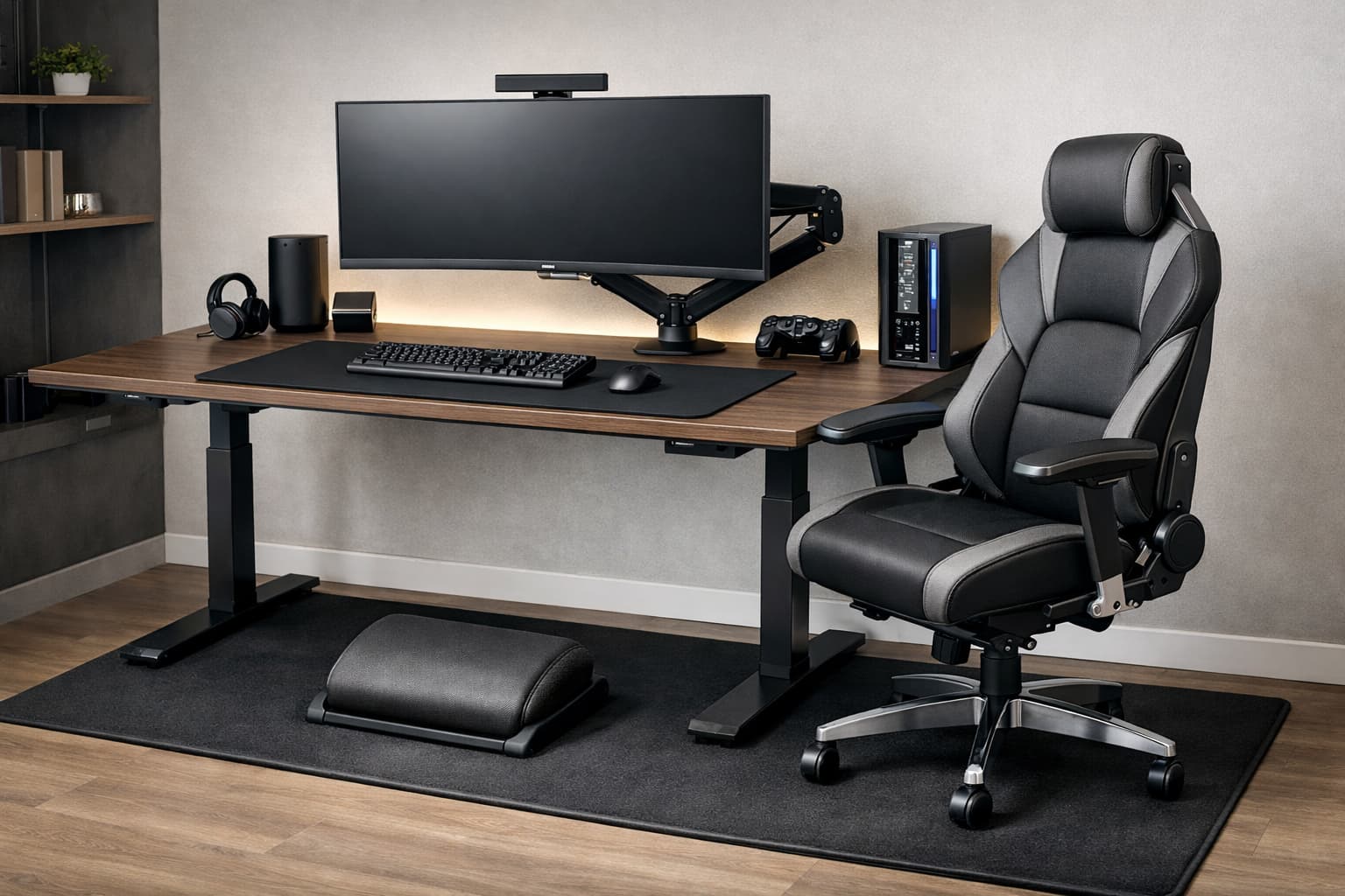 Эргономичное игровое место со столом с регулировкой высоты, монитором на кронштейне и игровым креслом