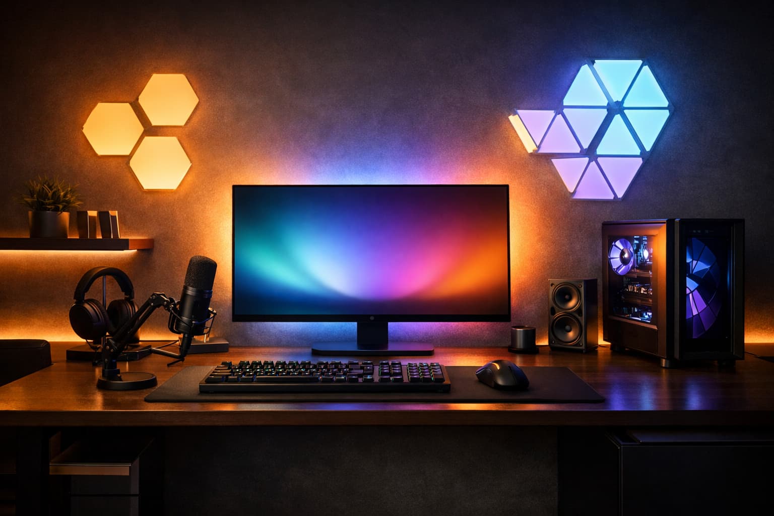 Освещение в комнате геймера с Ambilight-подсветкой за монитором и декоративными LED-панелями