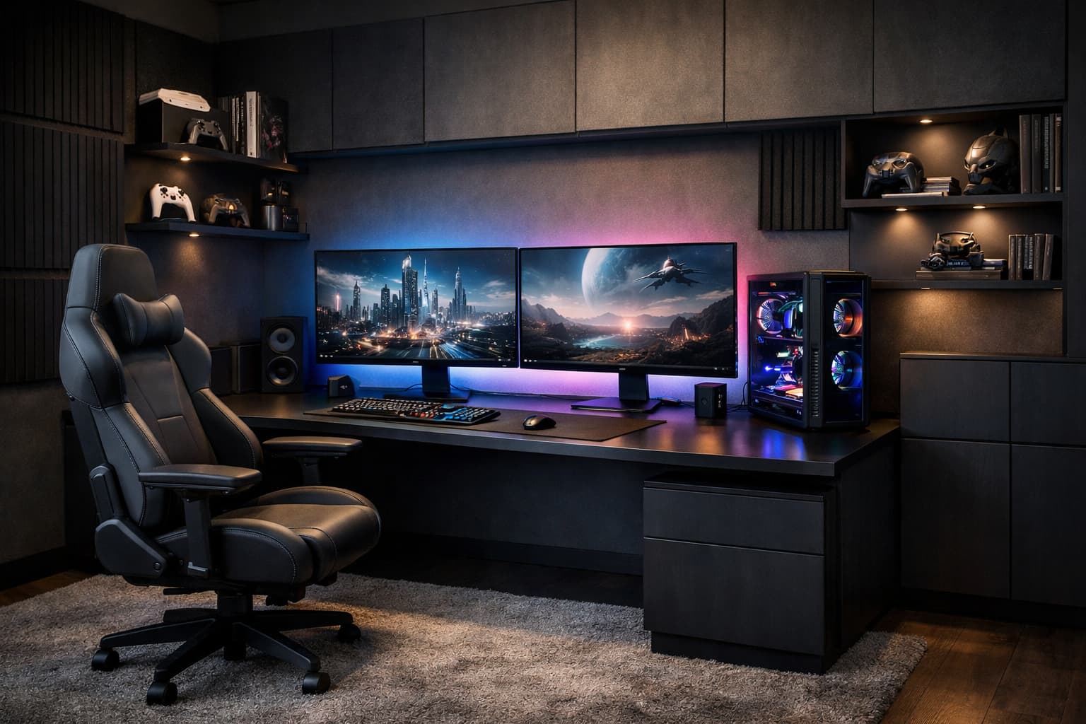 Игровая комната дома с современным геймерским сетапом, двумя мониторами и LED-подсветкой
