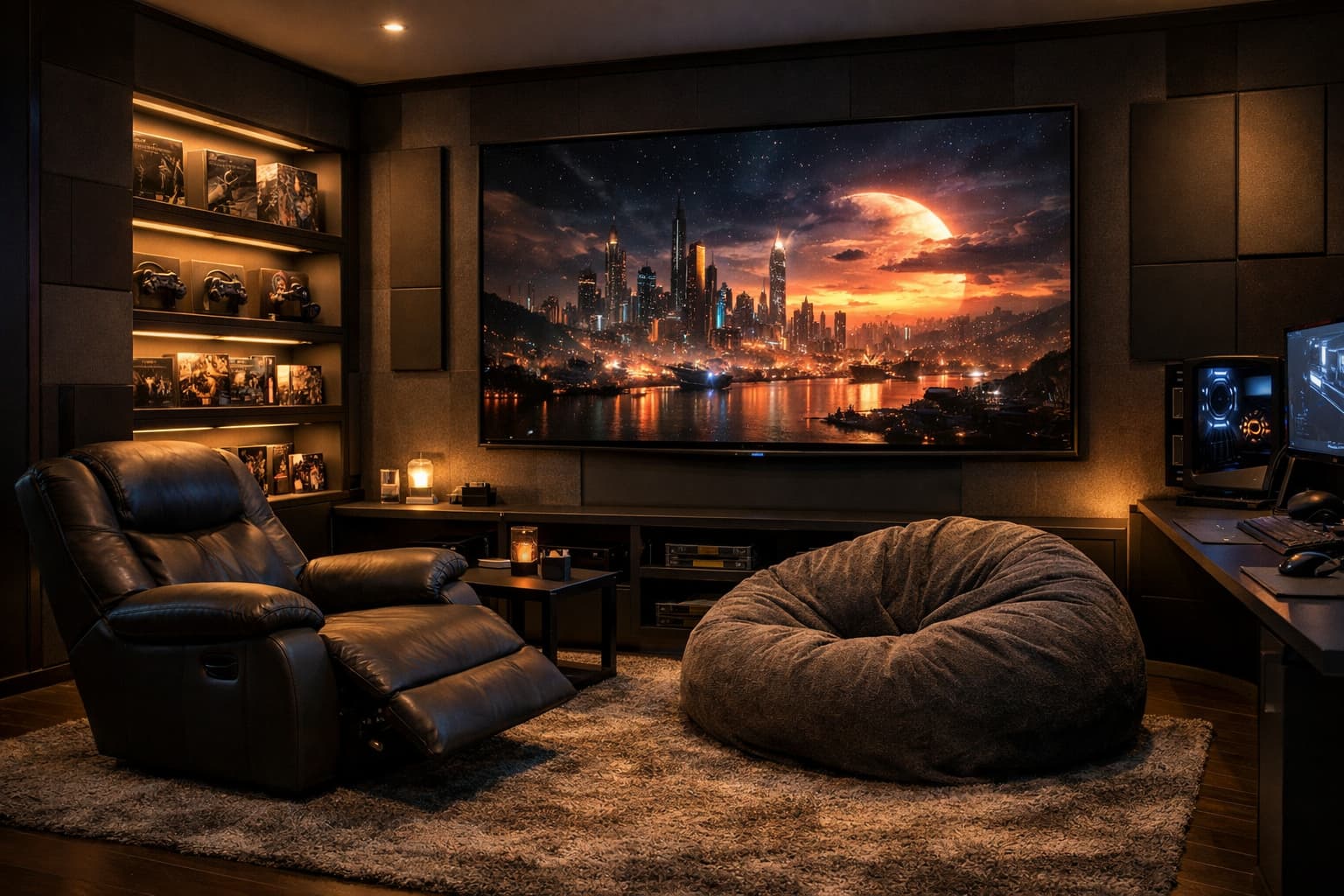 Зона отдыха в игровой комнате с большим OLED-экраном, мягким креслом и уютной подсветкой