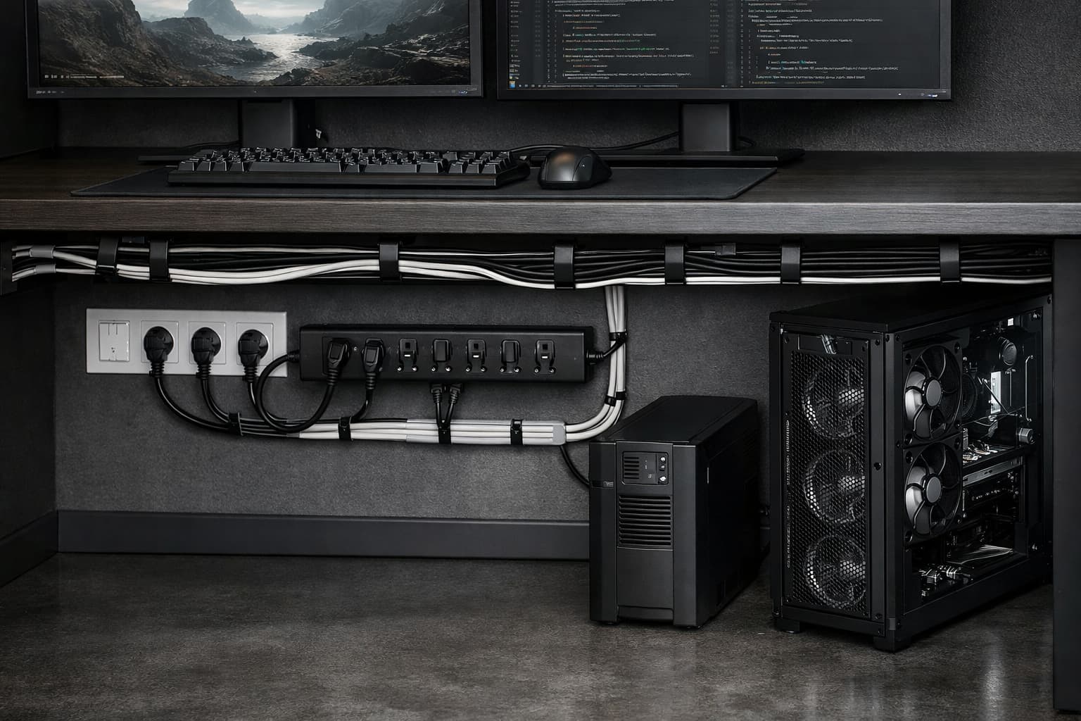 Электрика игрового места с ИБП, сетевым фильтром и аккуратным кабель-менеджментом под столом