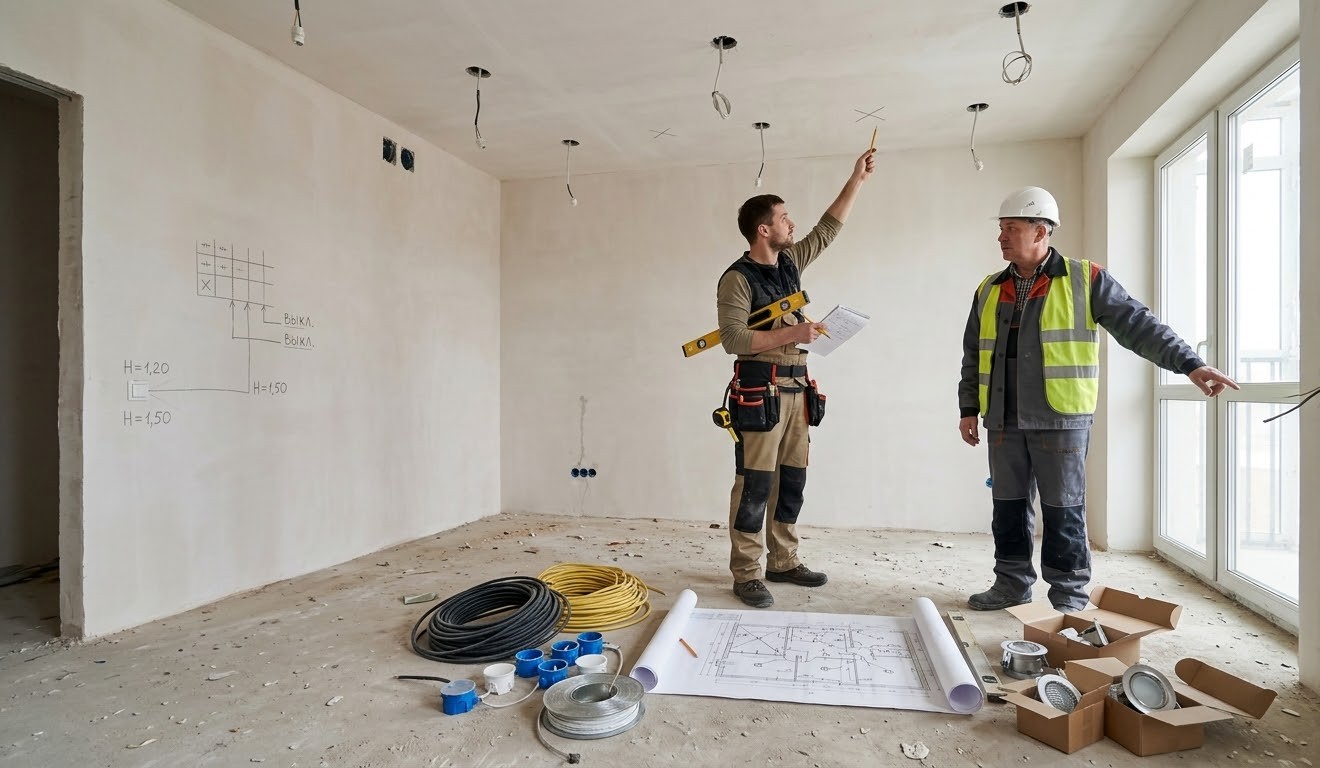 Дизайнер и владелец квартиры рассчитывают освещение комнаты по плану, площади и зонам света