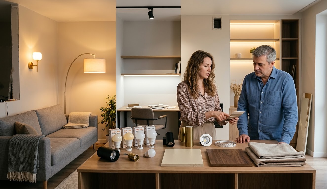 Мастер проверяет освещенность в гостиной после установки люстры и потолочных светильников