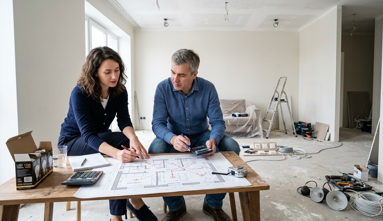 Электрик и прораб размечают точки для светильников и проводки в комнате на этапе ремонта